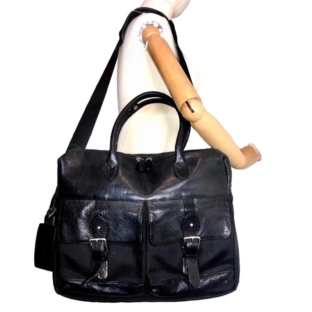 RALPH LAUREN Black Leather and Canvas Laptop Messenger Shoulder Work Bag VTG